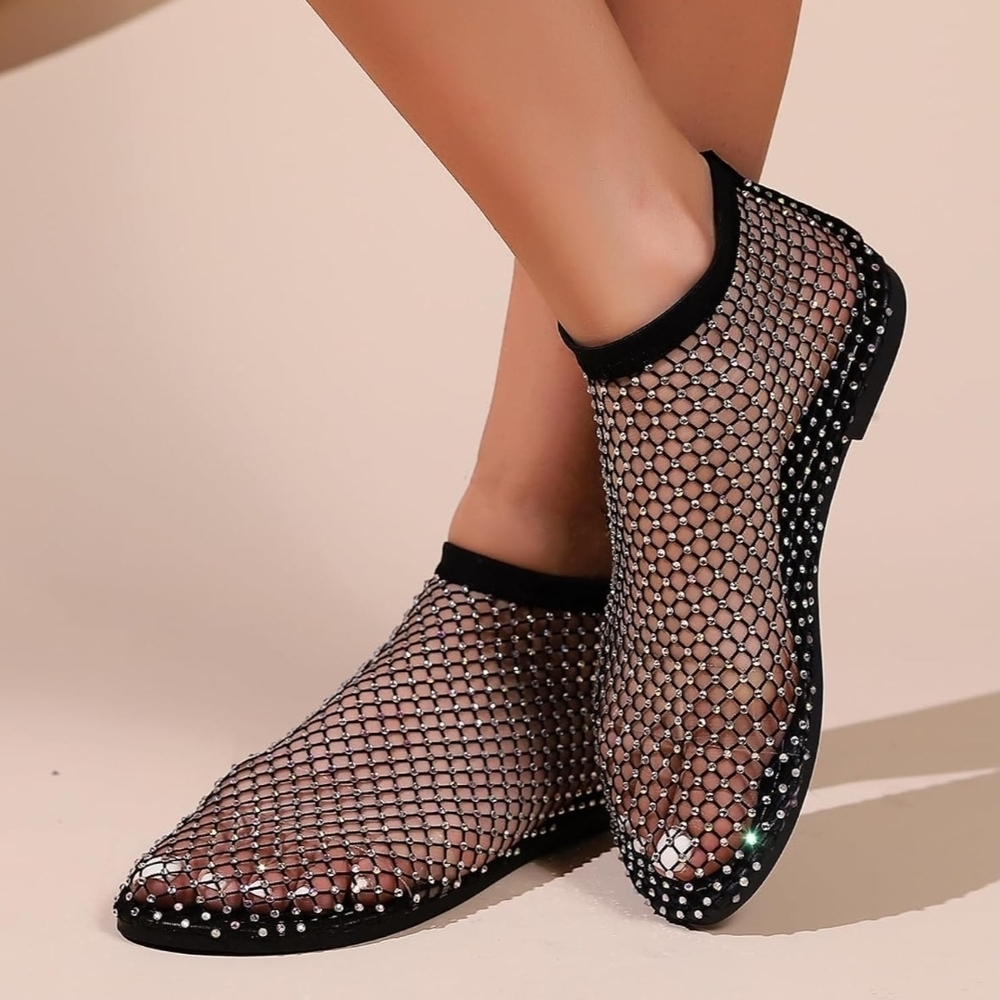 Black Mesh Rhinestone Flats